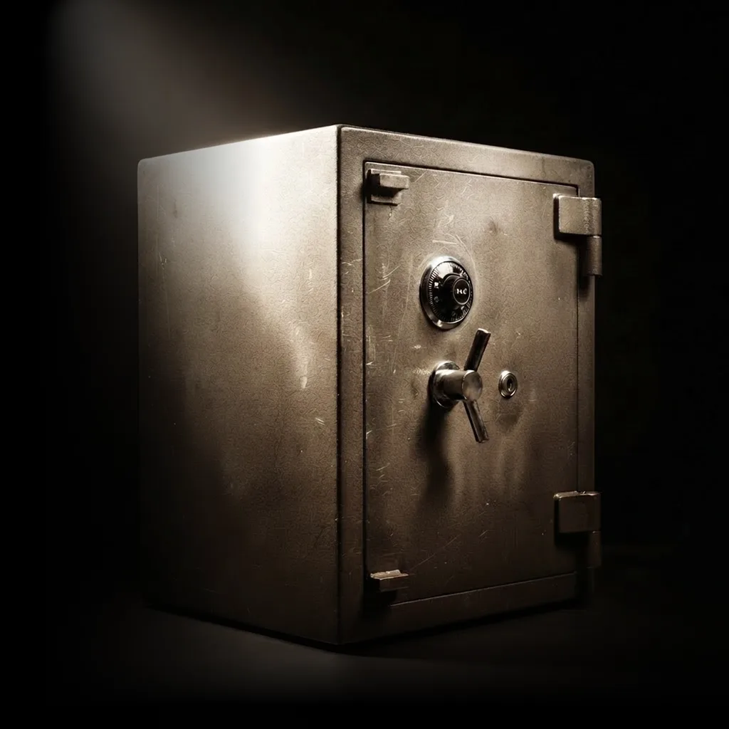 A locked steel vault under a single spotlight